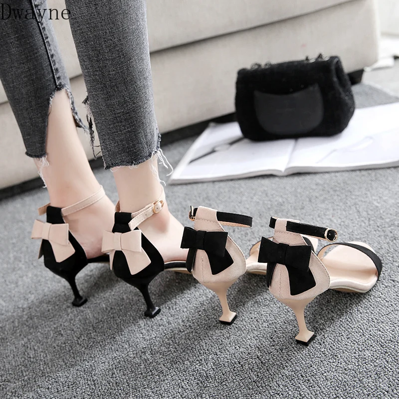 Новые сексуальные удобные босоножки на высоком каблуке черные шпильке с бантом