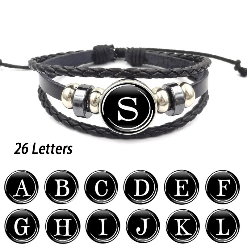 

26 Letter A-Z Glass Snap Clasp Metal Bead Bracelet ID Name Friendship Black Braided Leather Bracelet Men's Women's Children's Fa