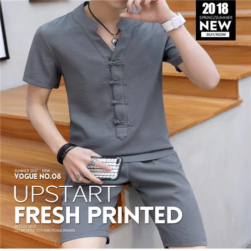 Summer Clothes Men 2 Pieces Sets VogueShorts And Short-sleeved Buckle T Shirt Men Breathable Slim Fit V Neck Linen Suits - Цвет: gray