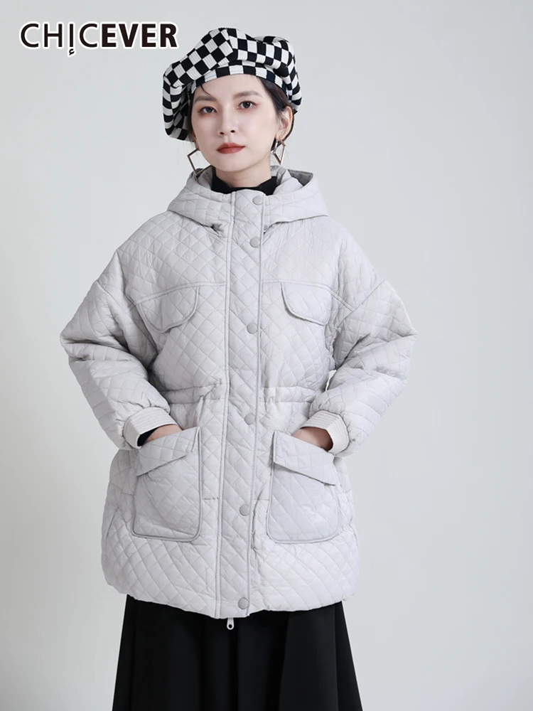

CHICEVER Casual Cotton Coat For Women Hooded Collar Long Sleeve Solid Minimalist Winter Coats Female Clothing 2021 Style New