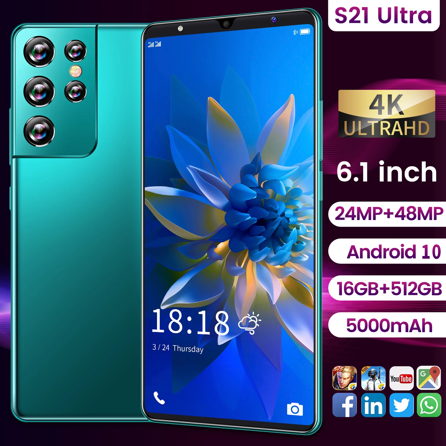 Tel&eacute;fono Inteligente S21 Ultra de 2021 pulgadas, 5G, MT6889, 16 + 6,1 GB, 512 mAh, largo modo de reposo, 24 + 48MP, SIM Dual, Android, novedad de 5000-1
