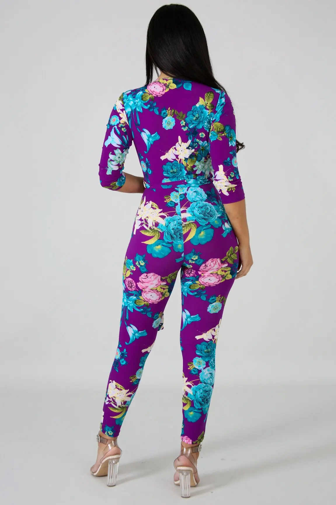 

Floral Print Pattern V-Neck Three-Quarter Sleeves Women Jumpsuit with Sashes New Spring Overall Rompers