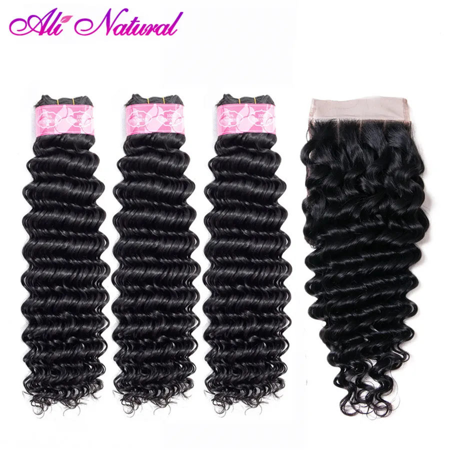 Бразильские волнистые пучки с закрытием Ali натуральные 100% Человеческие волосы Remy