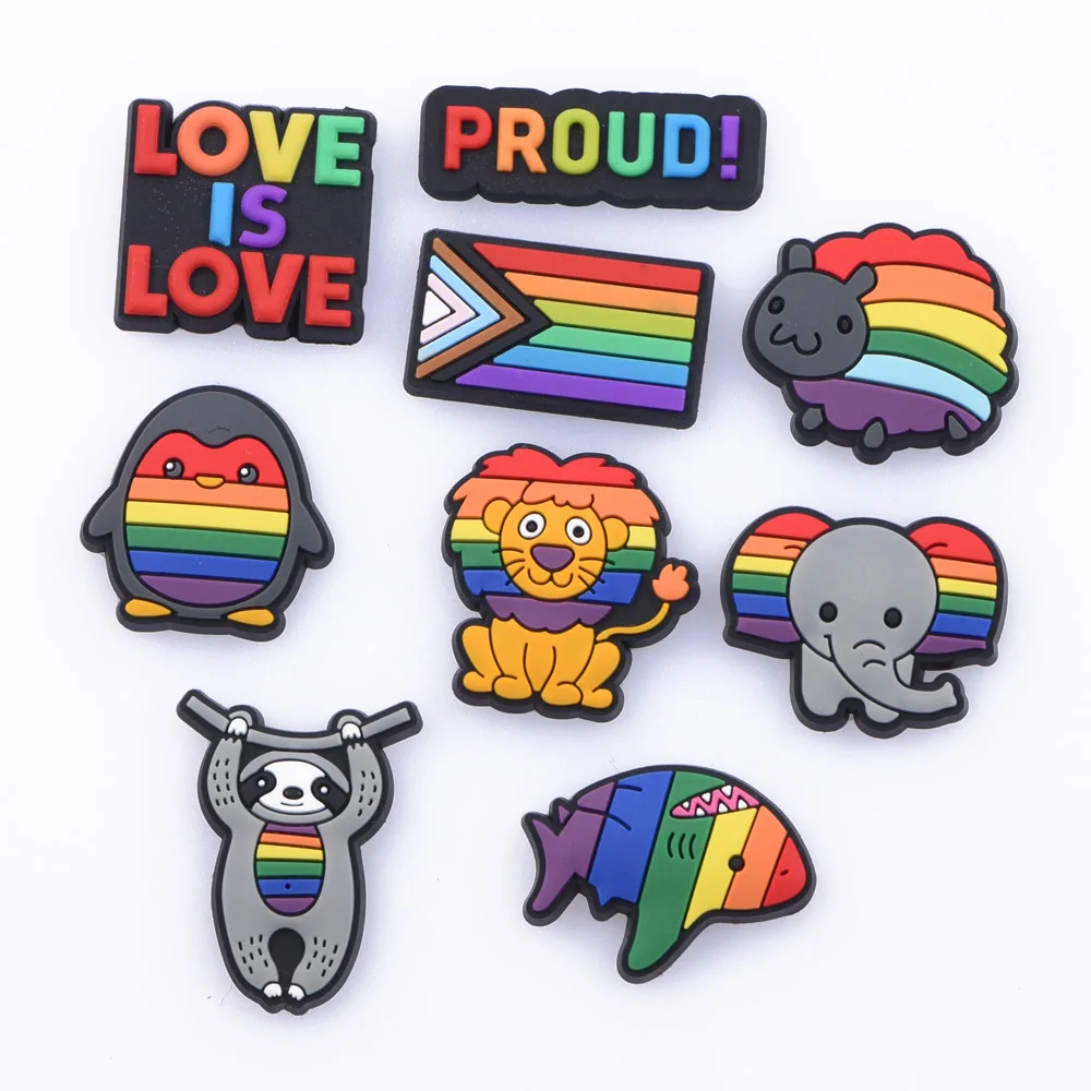 Hot Sell 1 Pcs Best Friend Gift Croc Shoes Charms Rainbow Animal Decorations Proud Love Bracelet Accessories Best Buds Shoe Pins