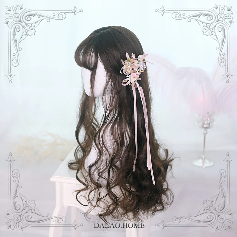 

High Quality Harajuku Soft Girl Lolita Long Curly Hair 65cm+ Cocoa Brown Air Bangs Wig Masquerade Party