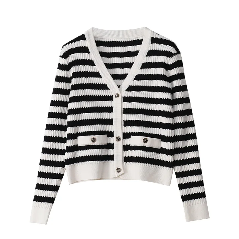 

2021 Spring Striped Cardigan Crop Top Pink Knitted Women Long Sleeve V-Neck Single Breasted Slim Cropped Slim Cardigan Sweater