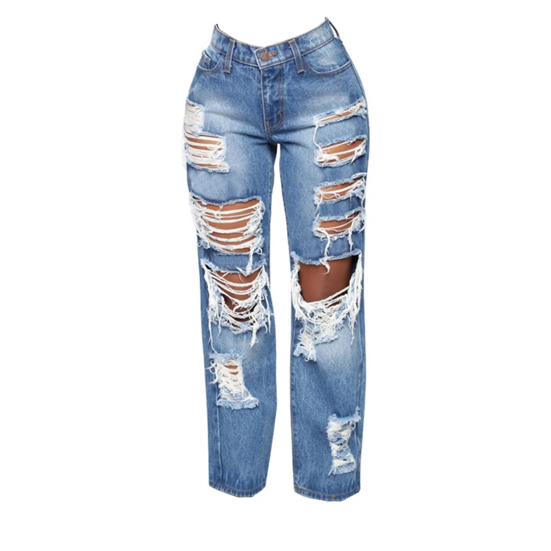 

Autumn Blue Hole Washed Vintage Women Denim Pant Straight Mid Waist Pocket Female Long Pants New Streetwear Casual Lady Jeans