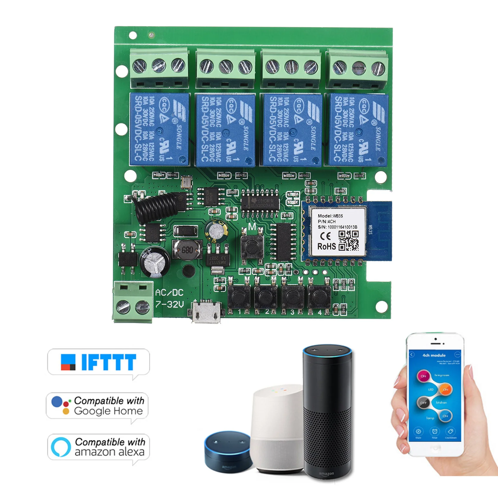 

Tuya WiFi+BT 433Mhz Smart Remote Control Wireless Switch Universal Module 4ch DC 5V Switch Timer Phone APP Remote Control Alexa