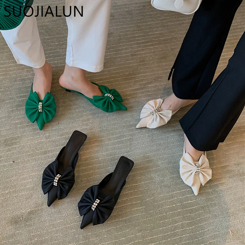 

SUOJIALUN 2022 New Brand Women Slipper Fashion Bow-knot Pointed Toe Slip On Mules Shoes Thin Low Heel Ladies Sandal Slides Shoes