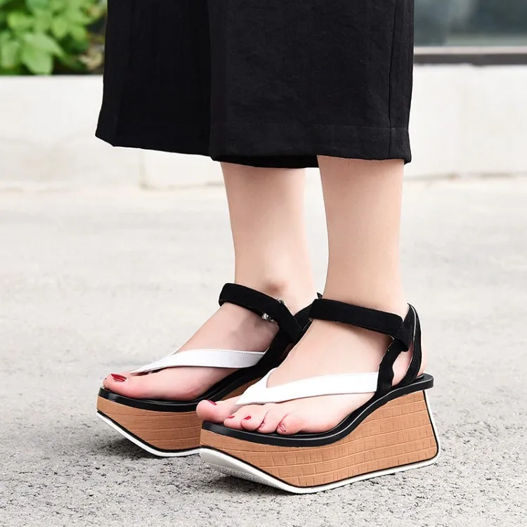 

AGODOR Platform Flip Flops Real Leather Women Sandals Thick Bottom High Heel Women Shoes Sweet Party Summer Shoes Women
