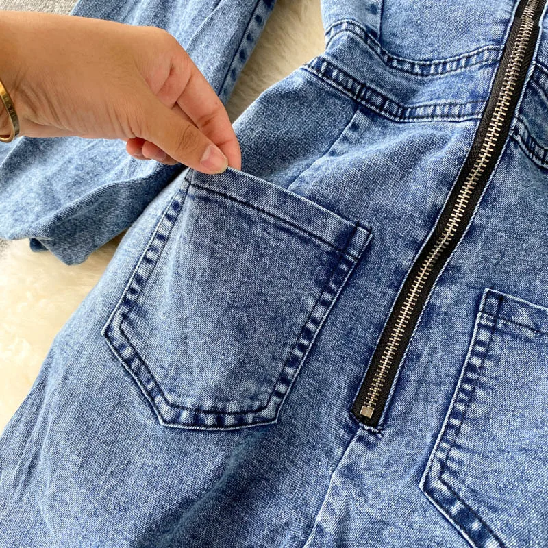 

CIGGANTFUL One Neck Off Shoulder Puff Long Sleeve Denim Jumpsuit Women's Spring Autumn New Retro Jeans Pants One Piece Outfits
