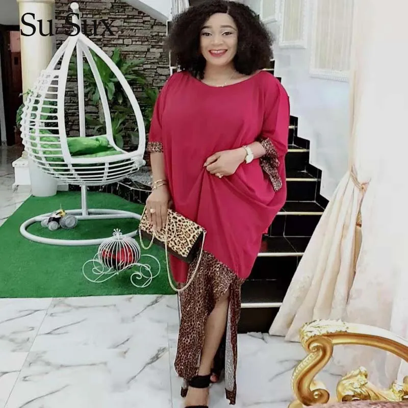 

Plus Size African Clothing Leopard Print Patchwork Maxi Robe Dress Women Loose O-Neck Short Sleeve Long Dress Bazin Dashiki