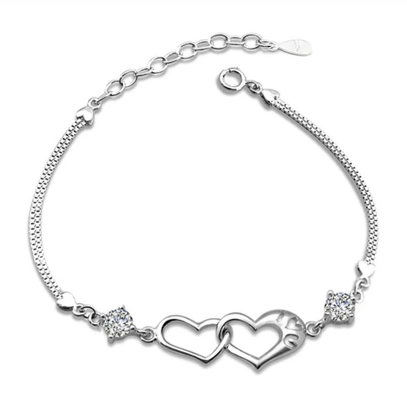 

KOFSAC New Trendy Heart to Heart Shiny Zircon Bracelet Bangle Jewelry 925 Sterling Silver Bracelets For Women Accessories Gifts