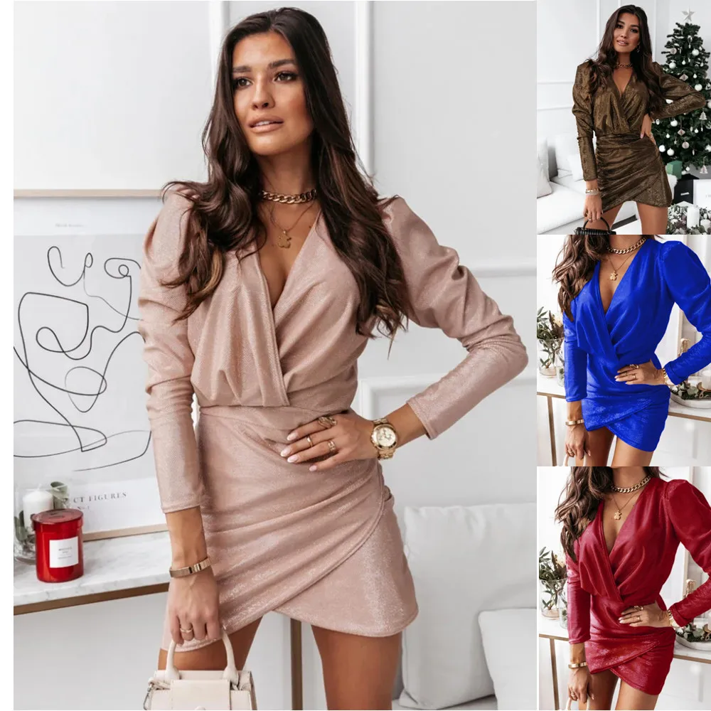 

New style long-sleeved puff-sleeved V-neck bag hip skirt dress for women