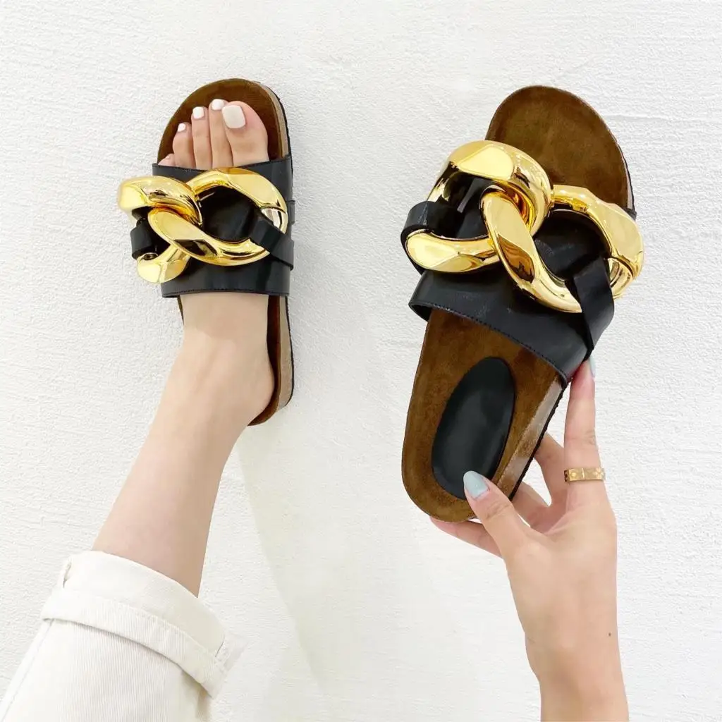 

Gold Chain Decor Round Toe Flat Mules Lazy Loafers Shoes Women's Outdoor Cozy Soft PU Leather Casual Slippers Female Shoes