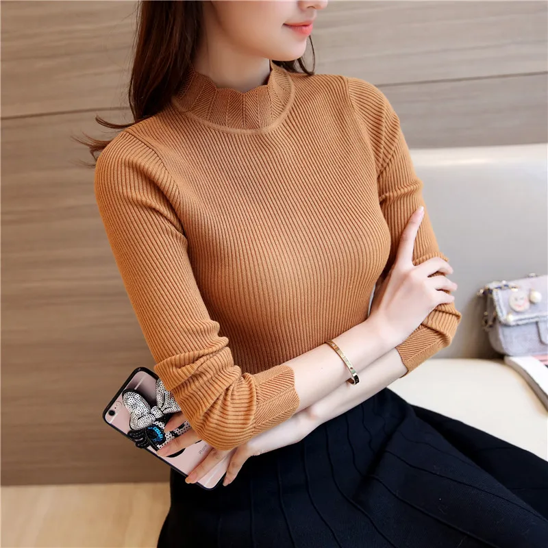Blusas de inverno feminina, Осень-зима, вязаный женский свитер-пуловер, водолазка, длинный рукав, однотонный, тонкий, Sueter mujer DC999
