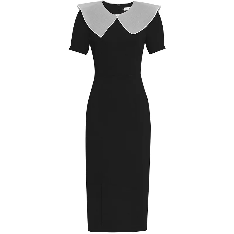 

2021 New Arrival Vintage Retro Black Dress Women Slim Bodycon Turn Down Collar New Summer Office Ladies Party Vestidos Female