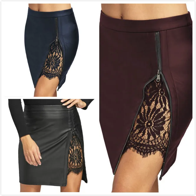 

lace skirt straight patchwork high street mini above knee PU faux leather black wine navy sexy club party