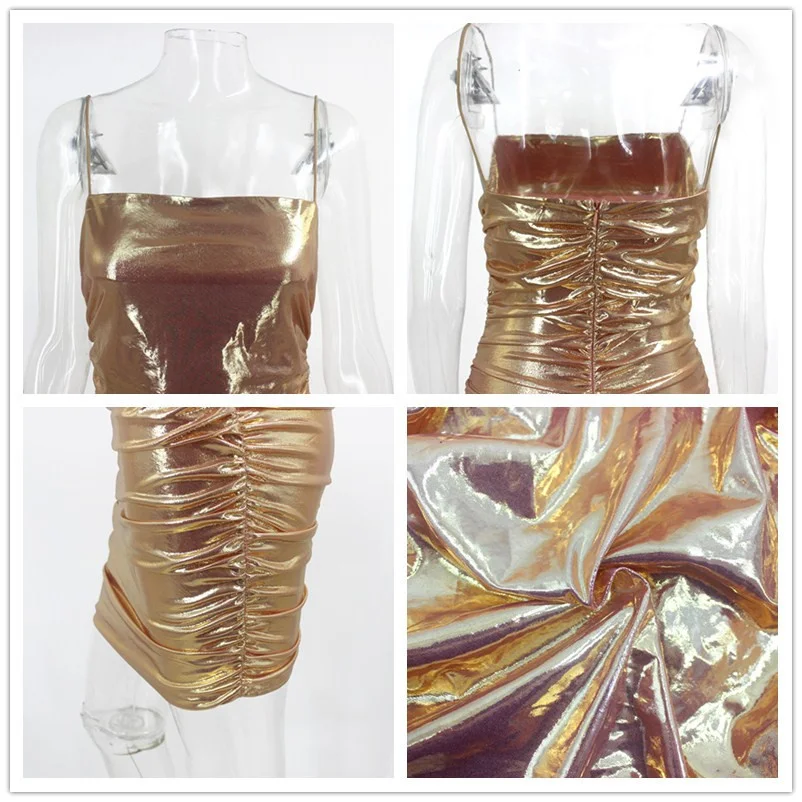 

Summer Gold Pleated Spaghetti Strap Sexy Dress Women Backless Elegant Mini Bodycon Dress Reflective Club Party Dresses