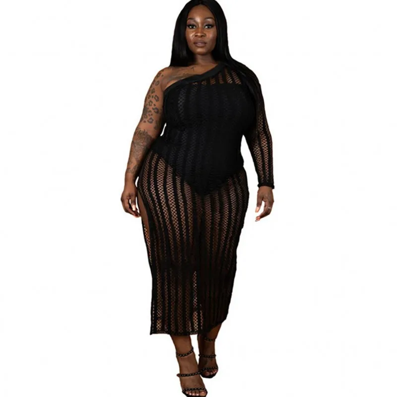 

African Cover Up Dress Women Skew Neck One Sleeve High Split Robe Summer Grid See Through Sexy Beach African Dress 5XL Plus Size