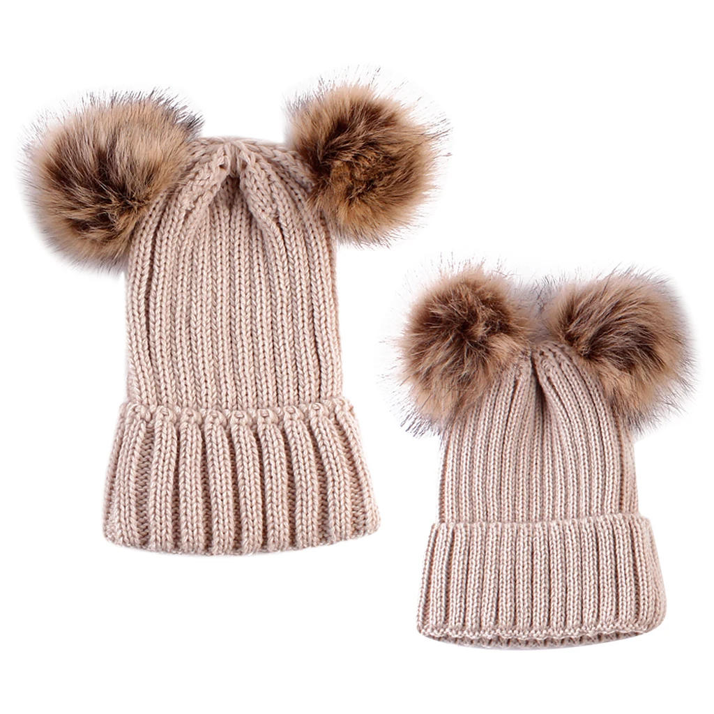 

TWO-PIECE Cute Child Baby Adult Pom Pom Hat Knitted Crochet Beanies