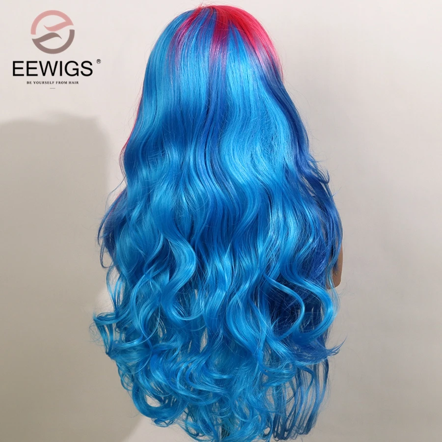 EEWIGS 2" длинные волнистые 13x4 синтетический парик фронта шнурка Glueless розовый Ombre синий парики термостойкие боковая часть 3 тона цвет парик волос