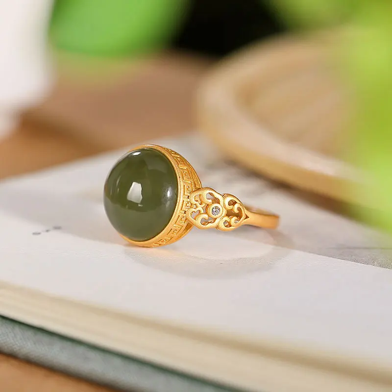 

Natural Hetian Green Jade Ring S925 Sterling Silver Inlaid Fashionable Simple Hollow Carved Elegant Fine Jewelry K0042