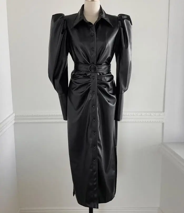 

Pu Leather Fashion Bodycon Sashes Slim Long Sleeve Spring Bandage Elegant New Street Wear Dress
