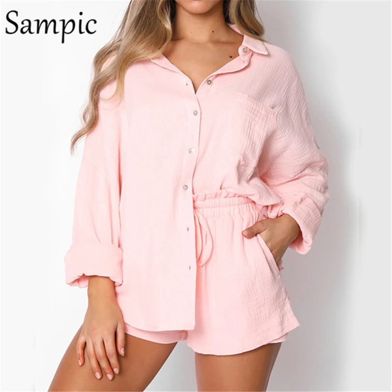 구매 Sampic Tracksuit Women 2020 캐주얼 라운지 착용 반바지 세트 긴 소매 블라우스 탑스와 하이 웨이스트 미니 반바지 2 피스 세트
