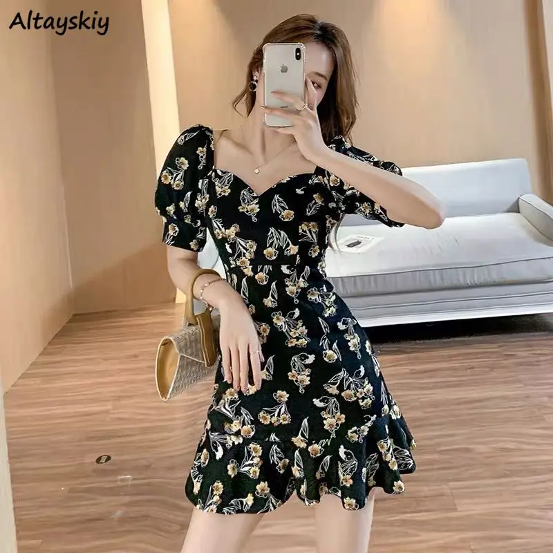 

Платье женское выше колена, пикантное Модное Элегантное ретро-платье с французским принтом и V-образным вырезом, с пышными рукавами, в Корей...