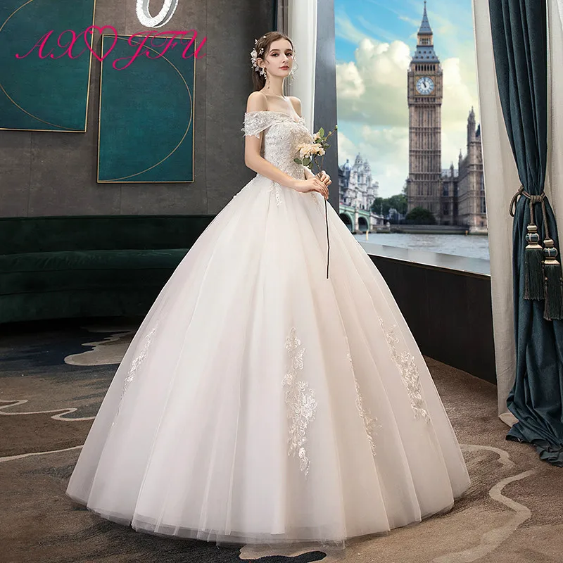 

AXJFU princess white flower lace wedding dress party vintage boat neck beading crystal ball gown white wedding dress