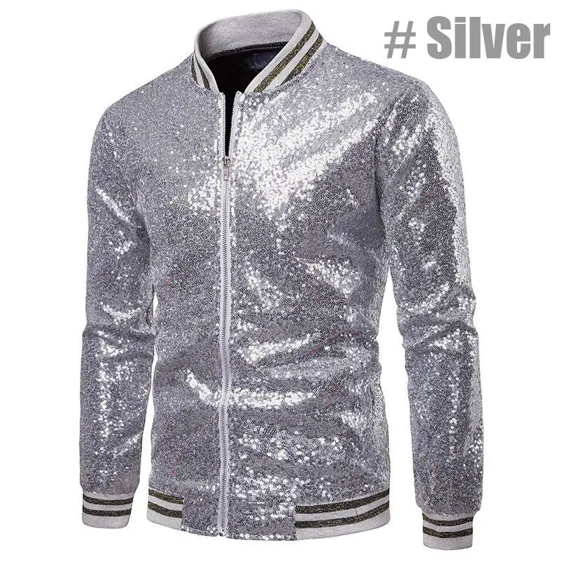 

Men Male Sequined Stylish Slim Long Sleeve Baseball Jacket Coat Zipper Coat Wedding Party Jacket Tuxedo Suit Coat Night Clubwear