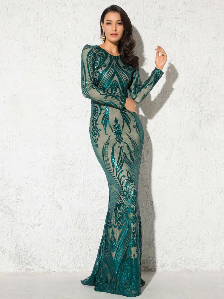 С длинным рукавом o-образным вырезом Зеленый Эластичный правильной геометрической формы, с блестками вечерние платья Длина пола Bodycon Элегантный Макси платье Бургунди - Цвет: Зеленый
