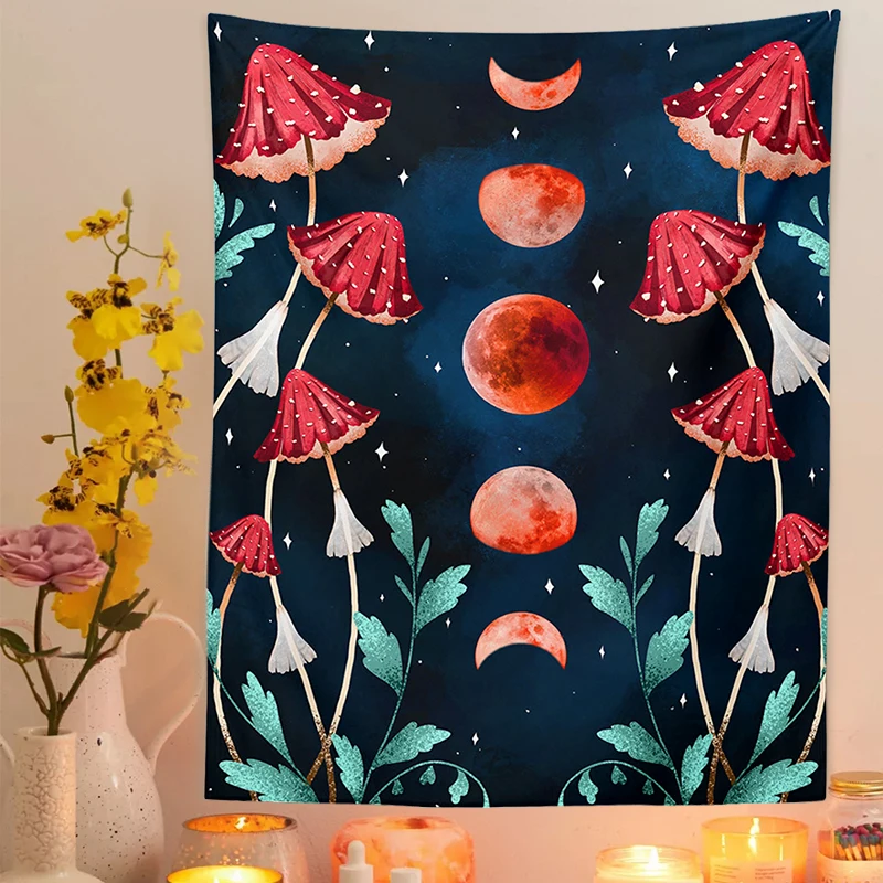 

Psychedelic Moon Starry Tapestry Flower Wall Hanging Mycology Mushroom Room Sky Carpet Dorm Tapestries Art Home Decoration