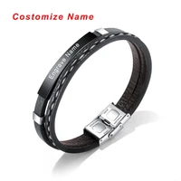 trendy custom logo engrave name bracelet men women glossy woven friendship id leather stainless steel bracelets
