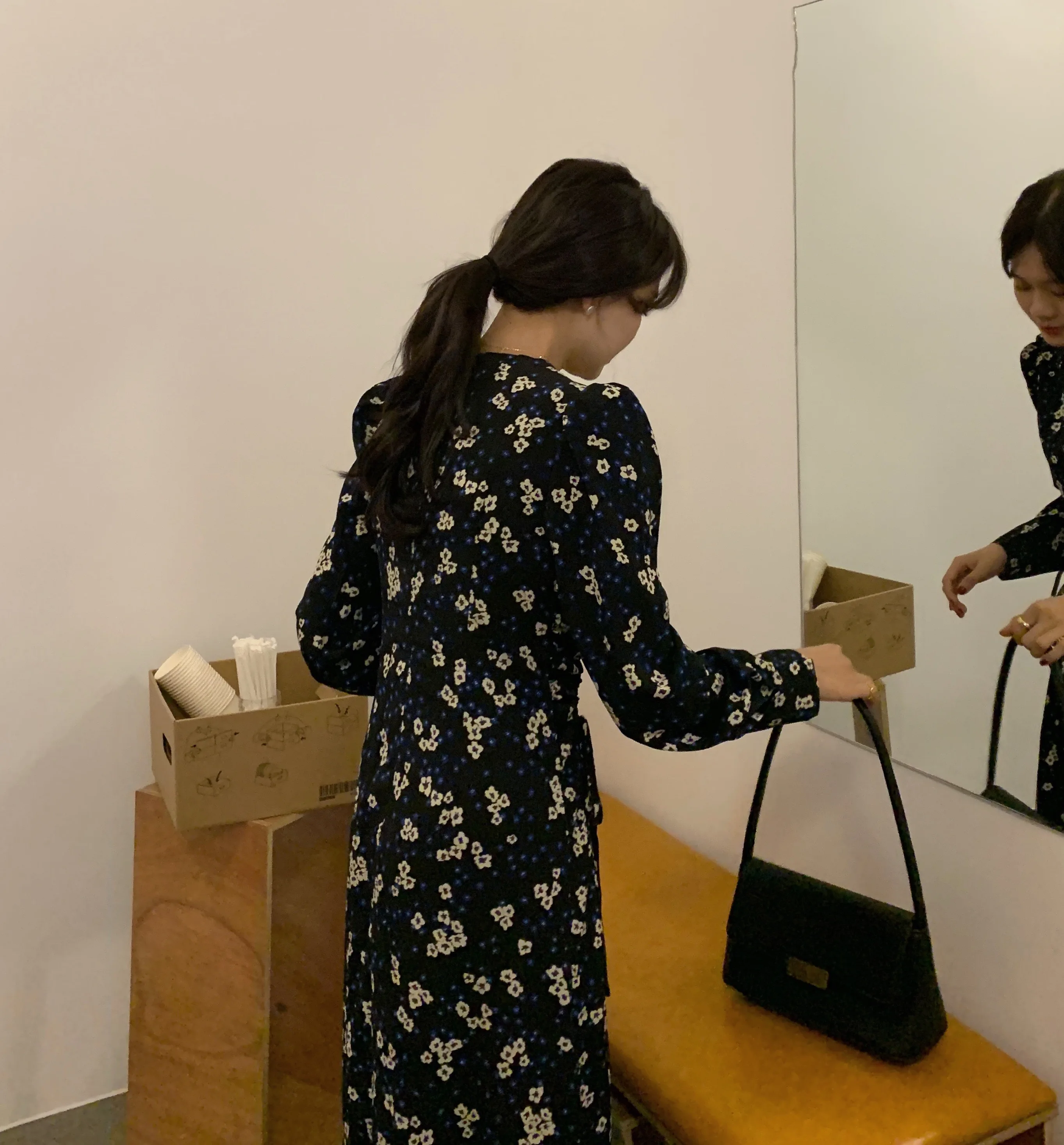 

Korean Chic Retro Dignified Goddess Sweet Girl Drawstring Waist Slimming Mid-Length Romantic Floral Dress