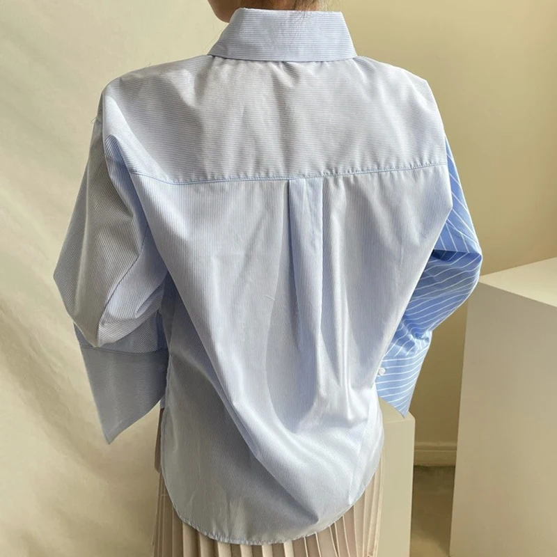 

ZHISILAO Irregular Patchwork Stripe Blouse Women Vintage Long Sleeve Shirts Streetwear Chic White Blouse Spring 2021 Tops