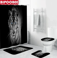 White Tiger Animals Printed Shower Curtain Set Black Bathroom Bathing Screen Anti-slip Toilet Lid Cover Carpet Rugs Home Decor