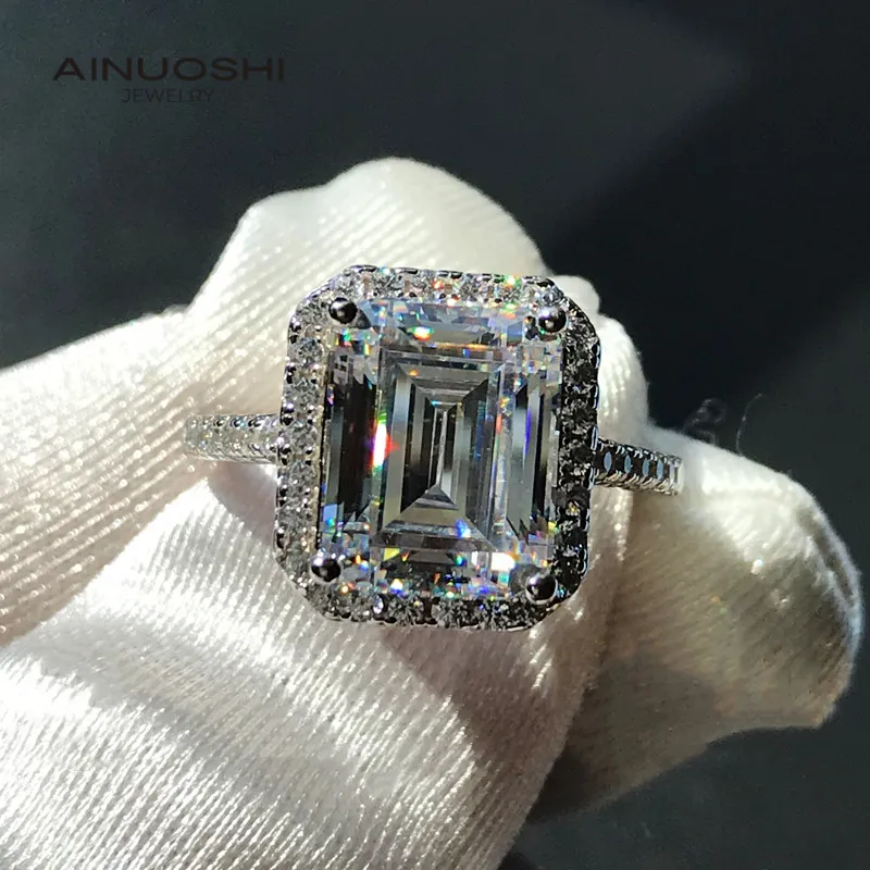 

AINUOSHI 925 Sterling Silver Emerald Cut 8x10mm Halo Engagement Ring For Women Simulated SONA Diamond Engagement Wedding Rings