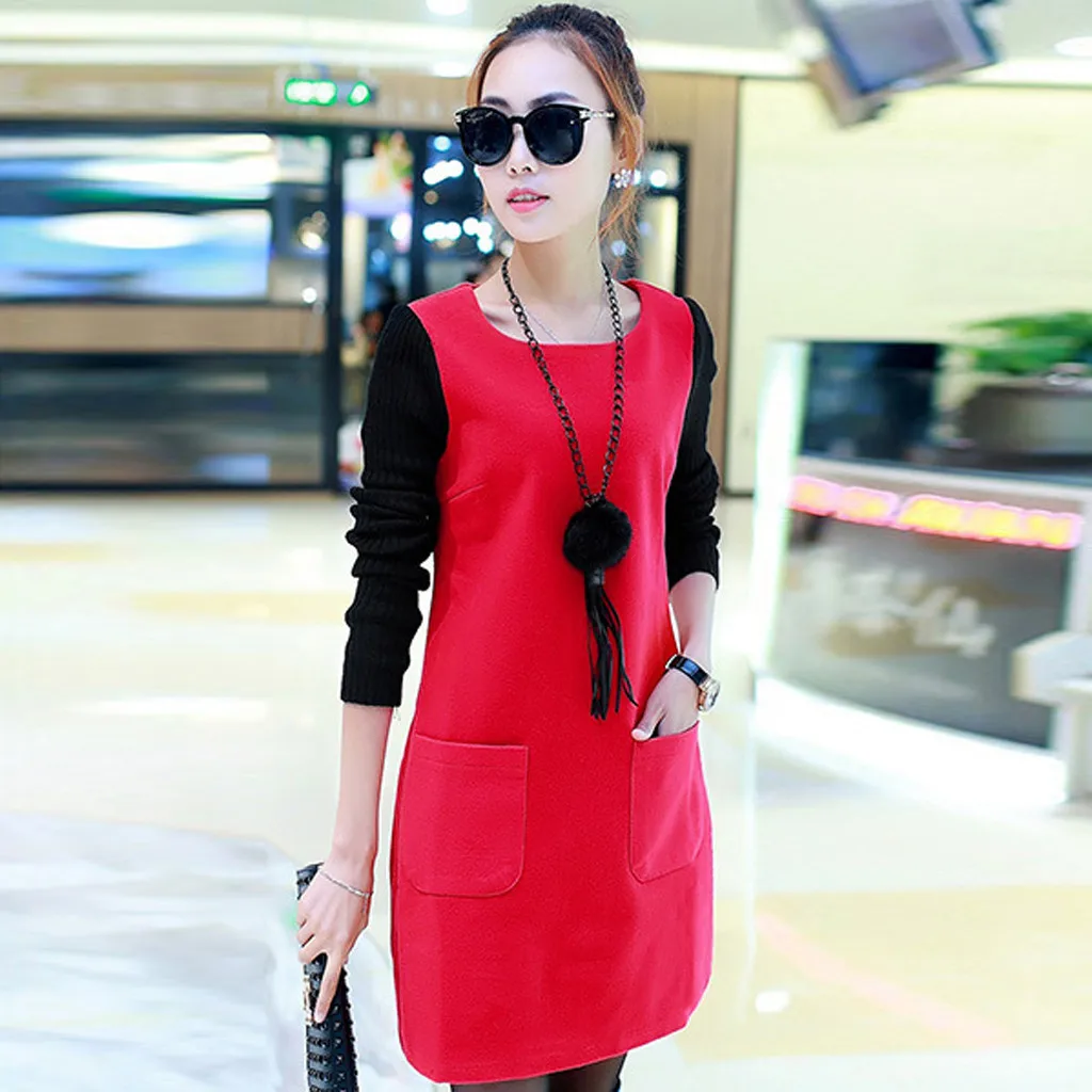 Женское свободное бархатное платье с длинным рукавом и круглым вырезом