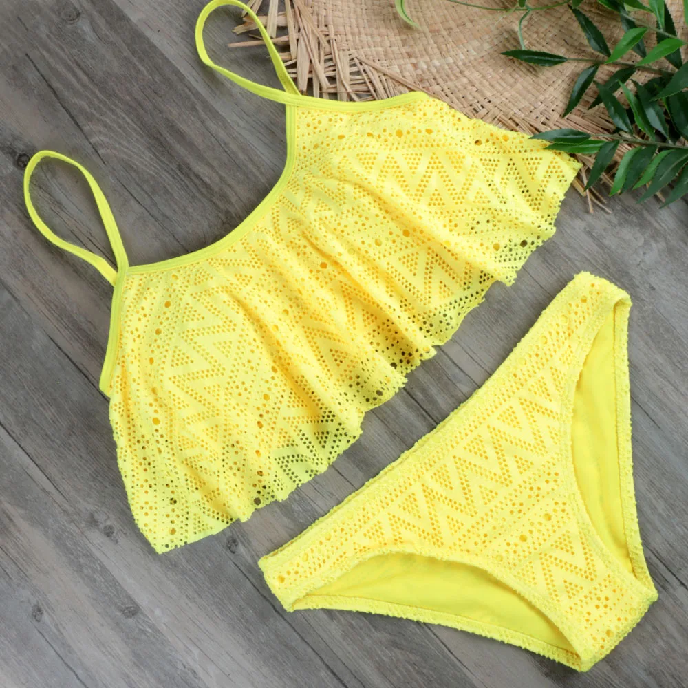 Желтый однотонный комплект бикини 2020 женский купальник женское Сетчатое с