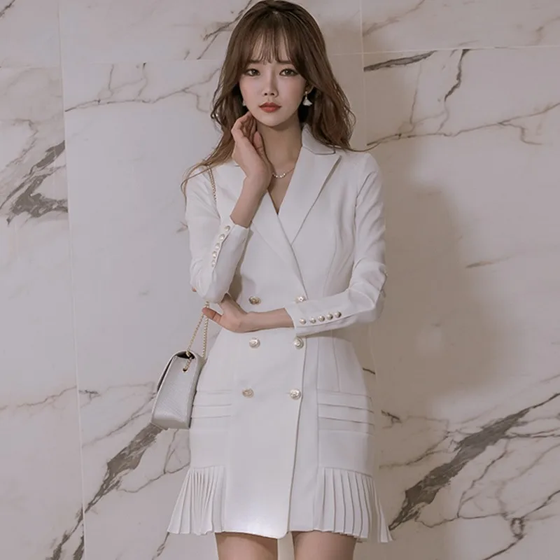 

Office Ladies Slim Fit Blazer Dress Sexy Mini Pleated Double Breasted Dress Women OL Suit Long Sleeve Spring Summer White Dress
