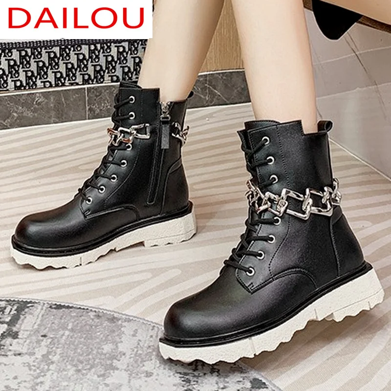 

Women's Round Head Chelsea Boots 2021 Autumn Fashtion Platform Metal Decoration Thick Heel Lace-up Zipper Women's Casual Boots