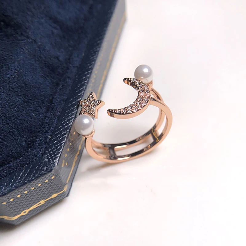 

2021 Fashion Star Moon Pearl Rings for Women Adjustable Opening Design Temperament High Quality Jewelry AAA Zircon Wedding Party