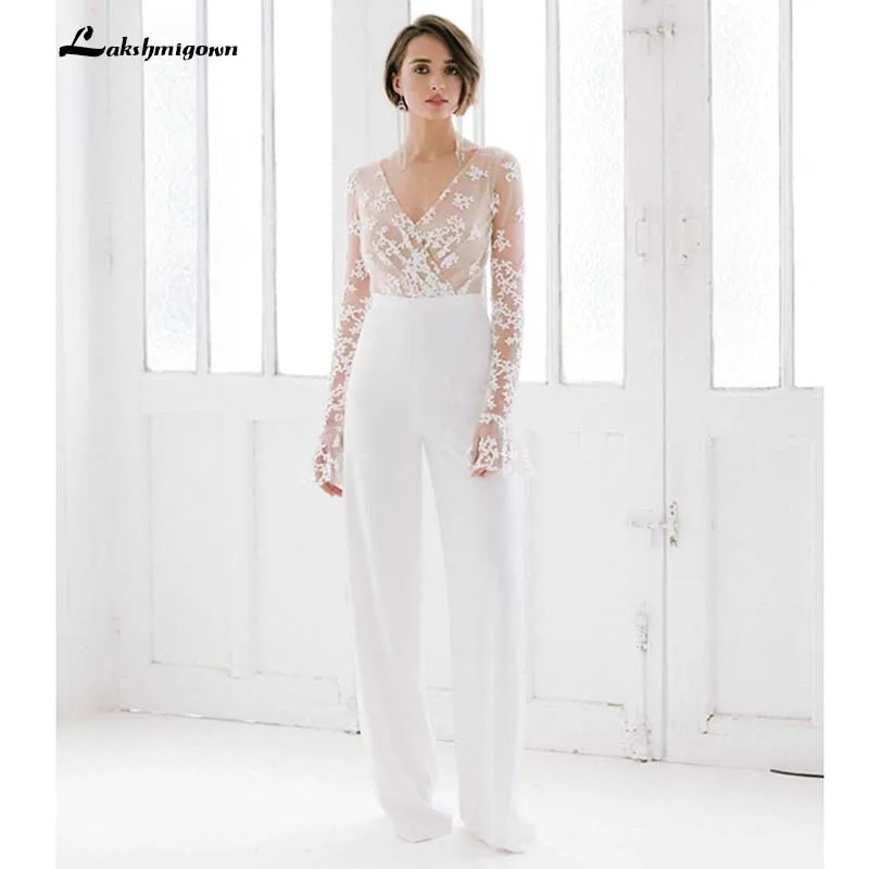 Белые Свадебные комбинезон Пляжные платья с v вырезом и длинным рукавом низкий