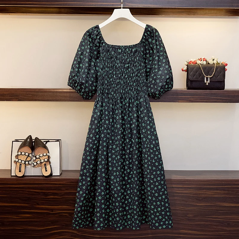 

EHQAXIN 2021 Summer Plus Size Womens Dress Fashion Square Collar Puff Sleeve Floral Fairy French Long Dress Female Elegant L-4XL