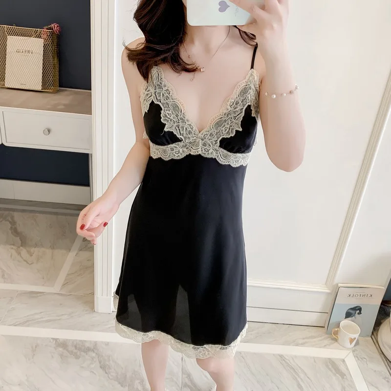 Ночная сорочка женская с шелковым принтом пикантная кружевная рубашка для сна