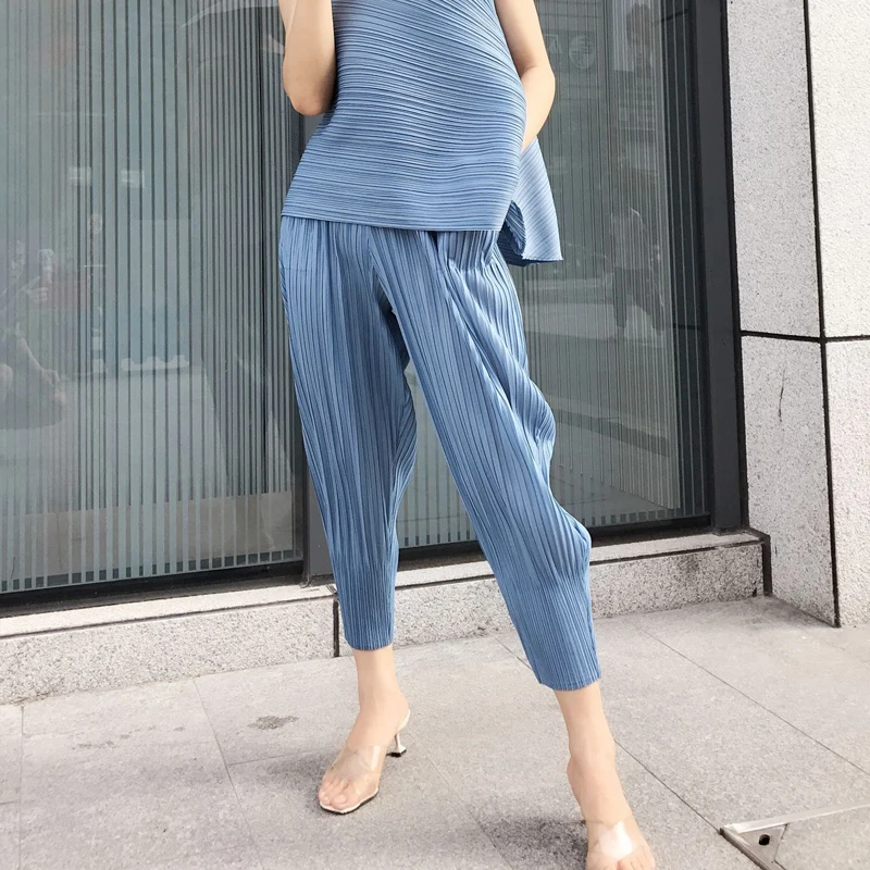 Женские Плиссированные шаровары DEAT однотонные брюки полной длины с эластичным