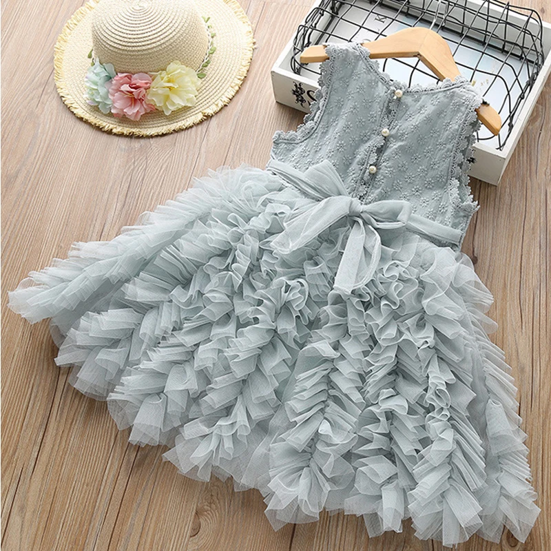 

2020 Girls' Summer Dress Mesh Umbrella Princess Western Style Little Girl Skirt Breathable Pure Cotton Children's Clothing