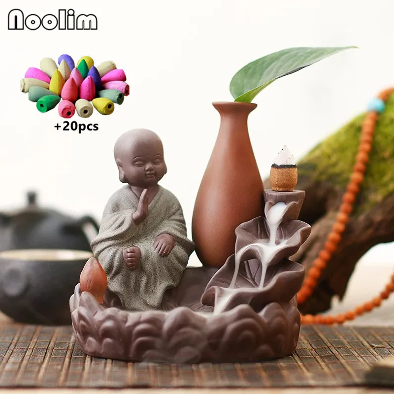 With 20pcs mixed-C Креативный керамический Лотос маленький монах курильница для благовоний горелка Высокая горная дым водопад курильница домашний декор+ 20 шт конусов - Цвет: With 20pcs mixed-C